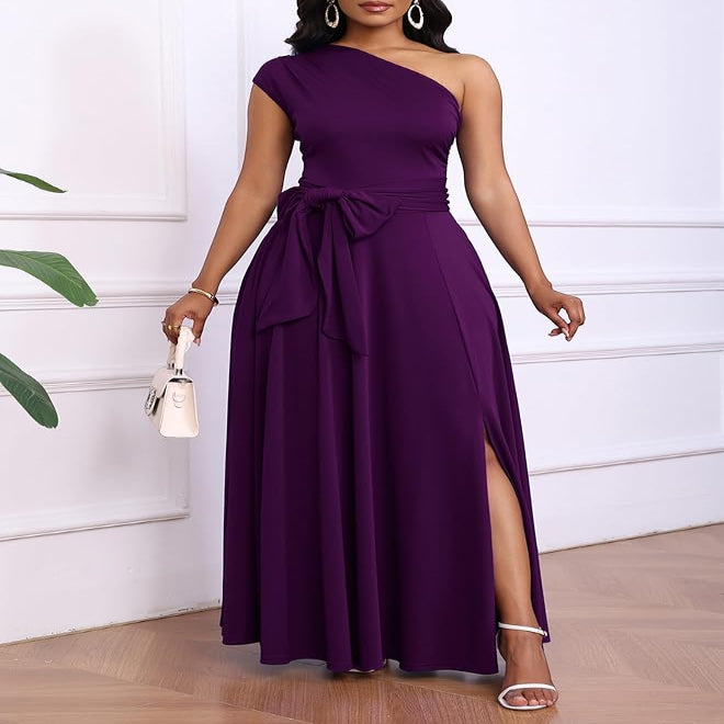 One Shoulder Black Maxi Dress with Side Pockets and Adjustable Belt
