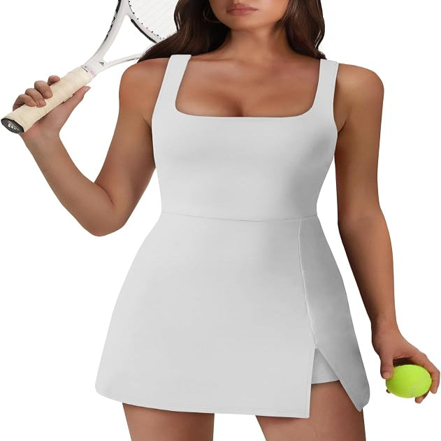 Sleeveless Athletic Dress with Built-in Shorts and Side Pockets, Square Neckline