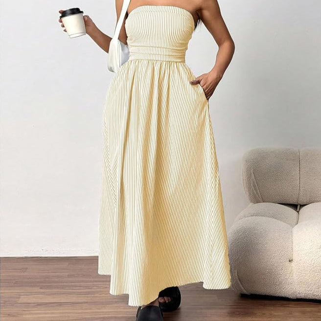 Strapless Fit and Flare Maxi with Elastic Smocked Waist and Side Pockets - Vertical Striped
