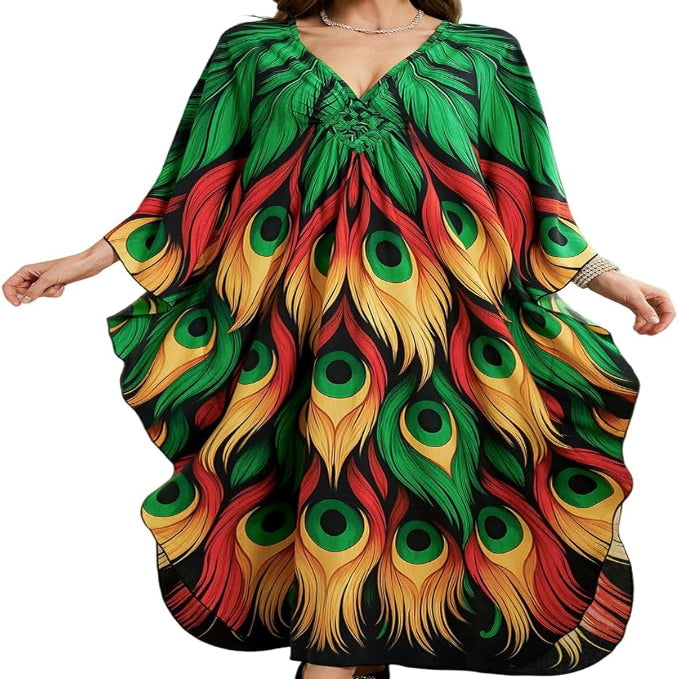 Womens Tropical Print Kaftan with Side Slits and Flowing Hem for Beach Wear