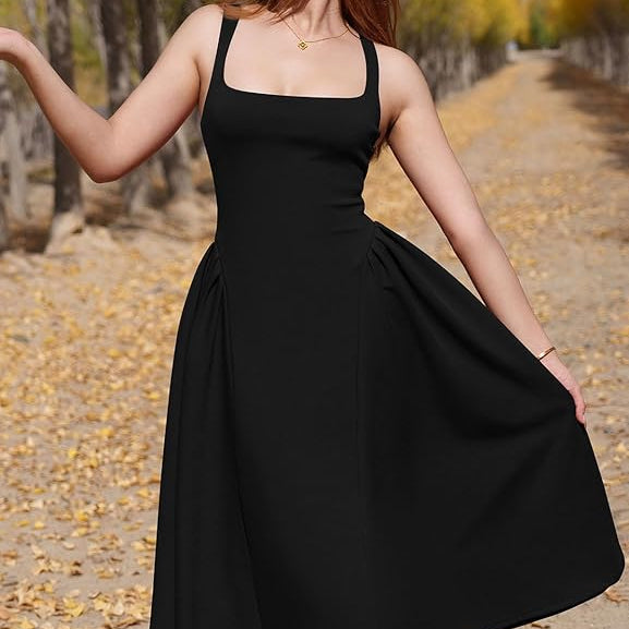 Womens Off Shoulder Midi Party Dress with Square Neckline and Pleated A Line Skirt