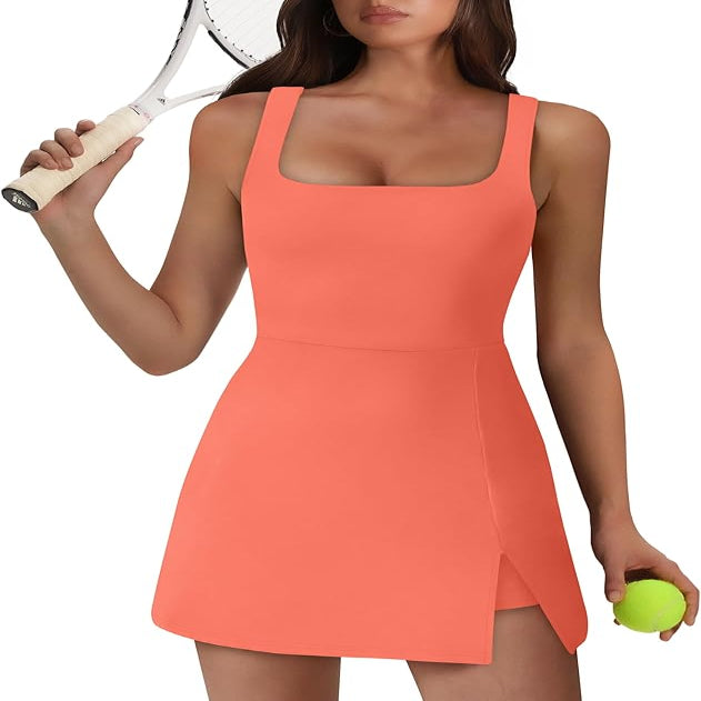 Sleeveless Athletic Dress with Built-in Shorts and Side Pockets, Square Neckline