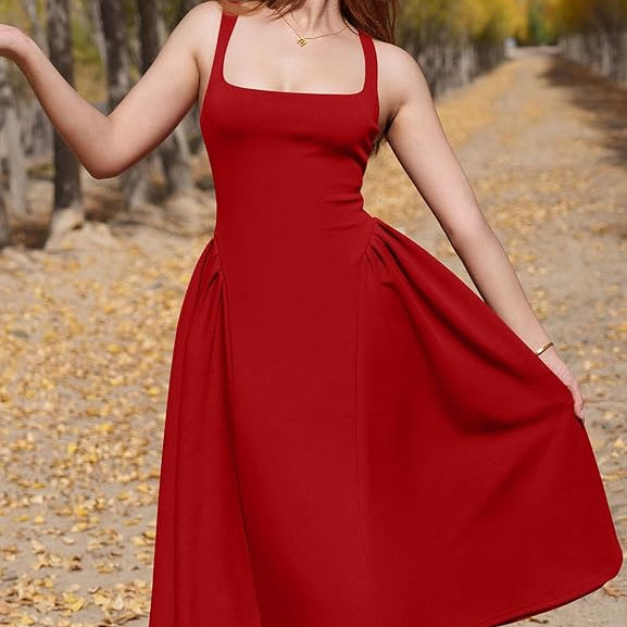 Womens Off Shoulder Midi Party Dress with Square Neckline and Pleated A Line Skirt