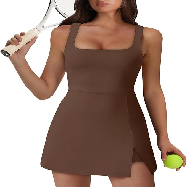 Sleeveless Athletic Dress with Built-in Shorts and Side Pockets, Square Neckline