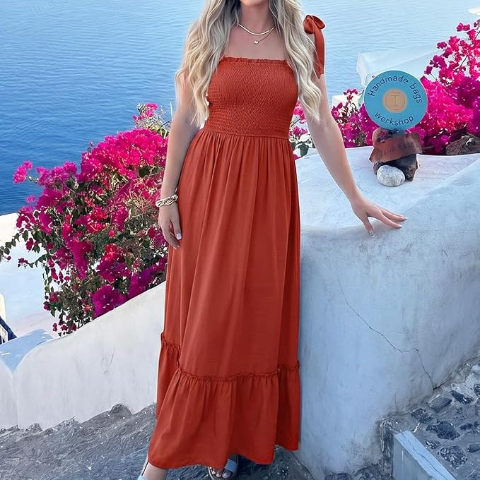Womens Tie Strap Maxi Dress with Shirred Bodice and Tiered Skirt