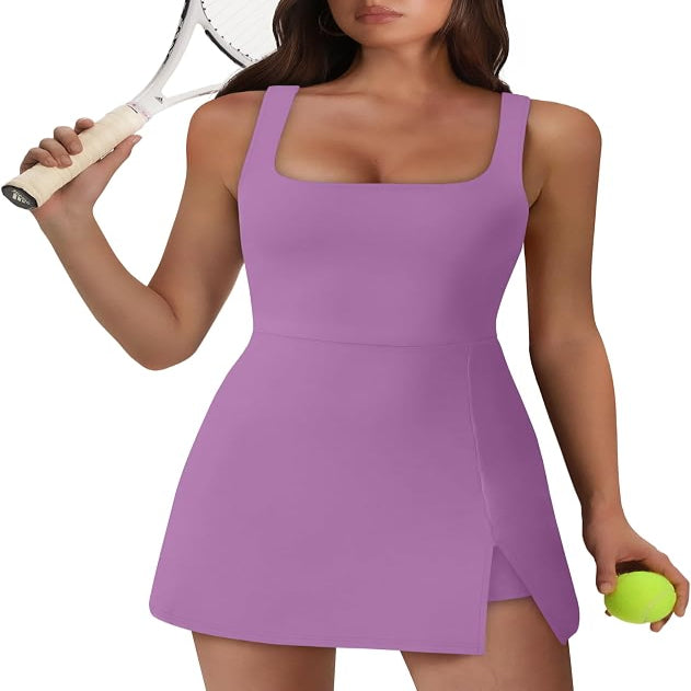 Sleeveless Athletic Dress with Built-in Shorts and Side Pockets, Square Neckline