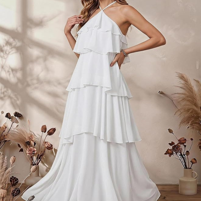 Sleeveless Swing Maxi Dress with Halter Neckline and Tiered Ruffles, Backless