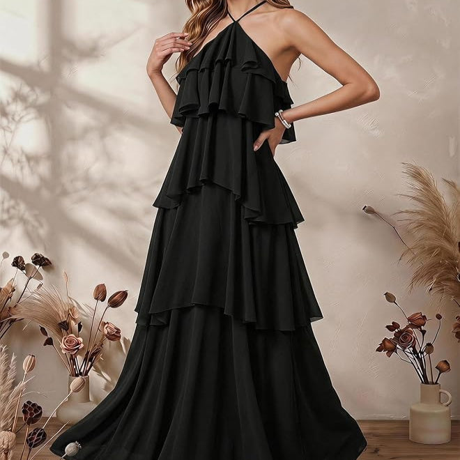 Sleeveless Swing Maxi Dress with Halter Neckline and Tiered Ruffles, Backless