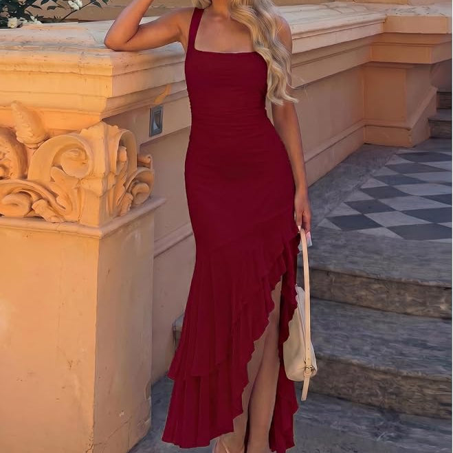 Sleeveless Mermaid Maxi Dress with Ruched Side Panels and Tiered Ruffle Hem, Square Neckline