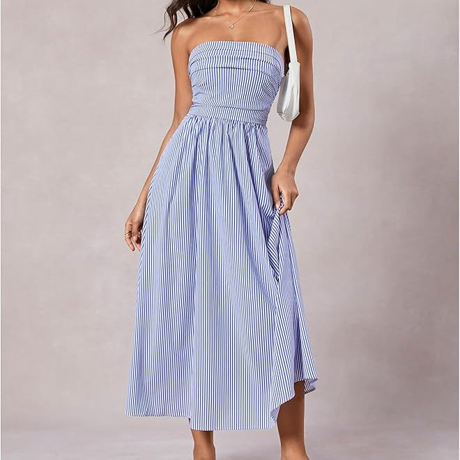 Strapless Fit and Flare Maxi with Elastic Smocked Waist and Side Pockets - Vertical Striped