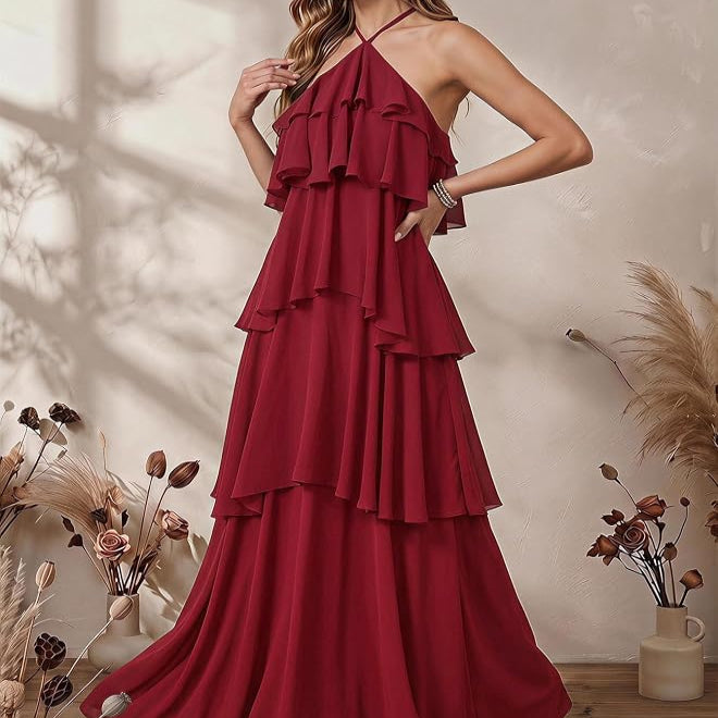 Sleeveless Swing Maxi Dress with Halter Neckline and Tiered Ruffles, Backless