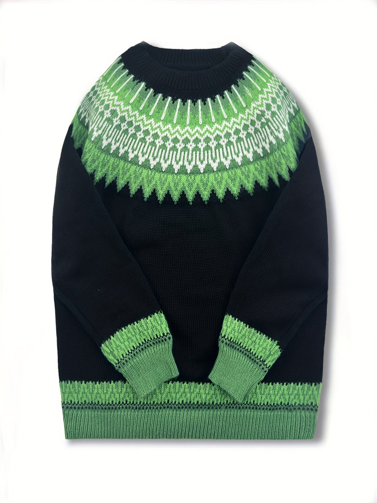 Chunky Jacquard Knit Sweater with Round Neck and Relaxed Fit