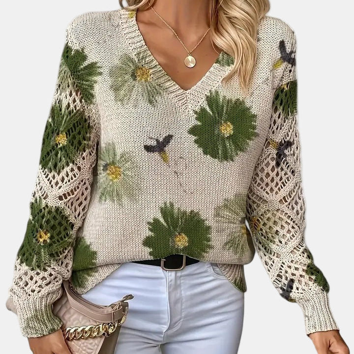 Floral Knit Sweater with V-Neckline and Open Sleeves for Women - Ribbed Hem