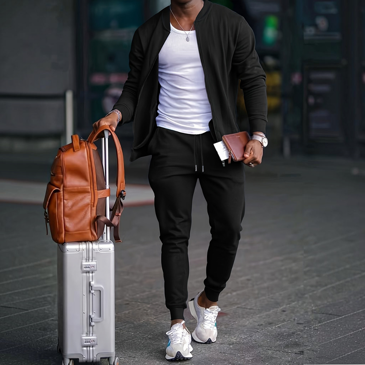 Mens Travel Tracksuit with Zip Jacket and Tapered Joggers, Lightweight Knit