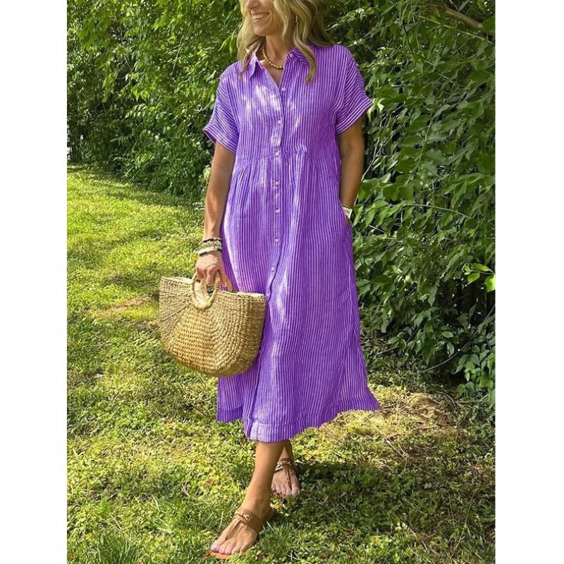 Button-Up Shirt with Collar and Vertical Stripes, Long Sleeve Relaxed Fit
