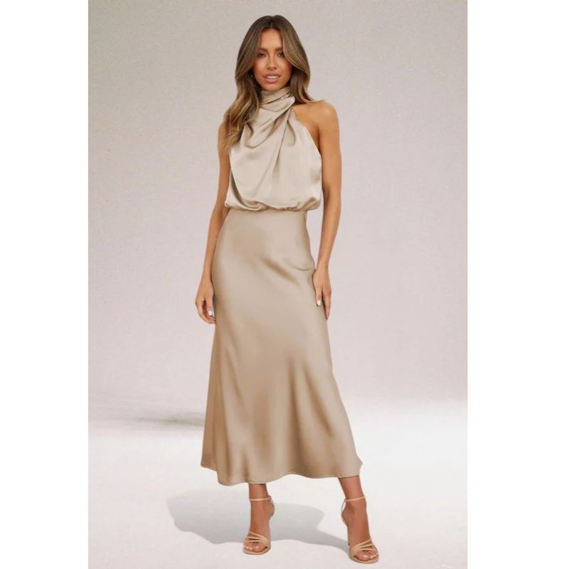 Halter Neckline Evening Dress with Luminous Fabric and Flowing Silhouette