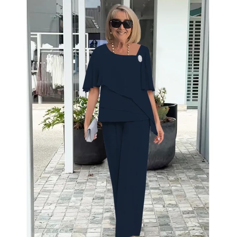 Womens Asymmetric Layered Blouse with High-Waisted Wide-Leg Trousers, Lightweight Fabric