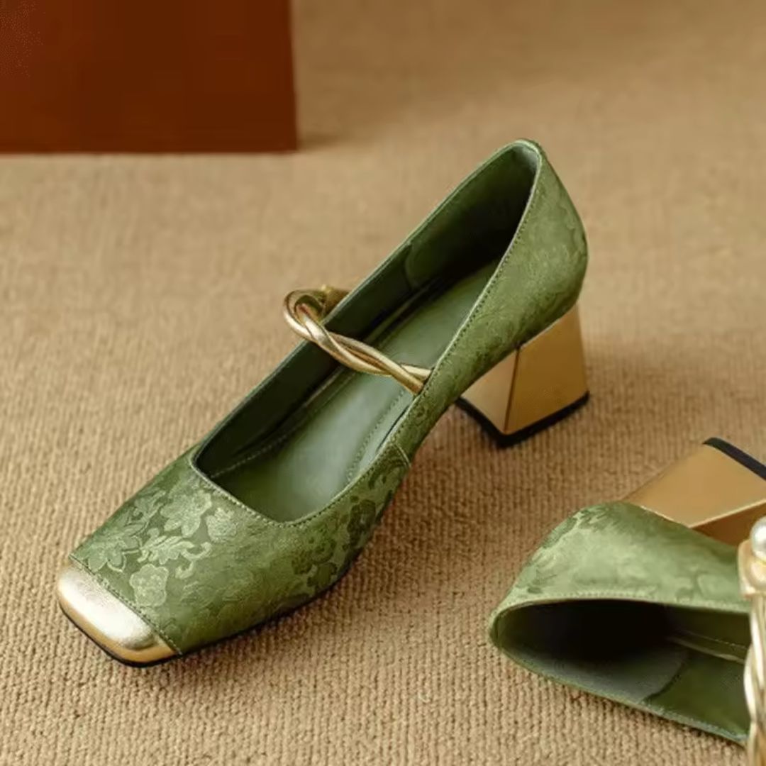Womens Gold Heels with Pearl Twist Strap and Padded Insole, Square Toe Floral