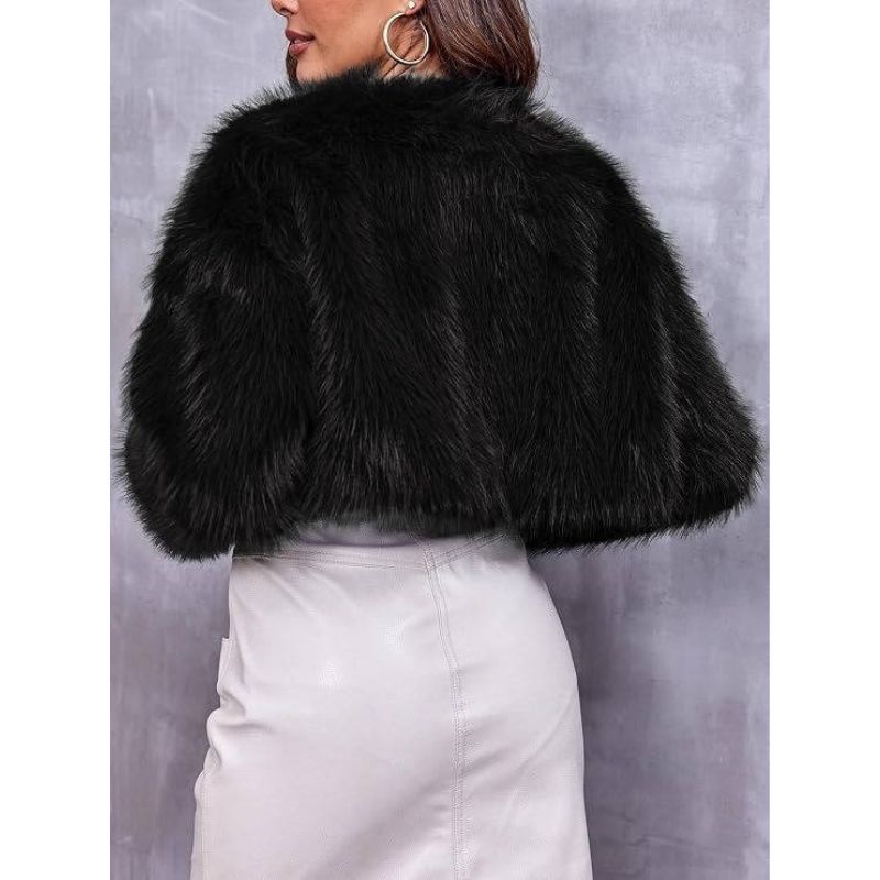 Cropped Faux Fur Jacket with Open Front and Long Sleeves for Women