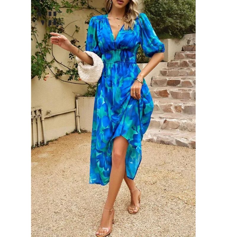 Floral Midi Dress with Puff Sleeves and Tailored Waist, Lightweight Woven Fabric
