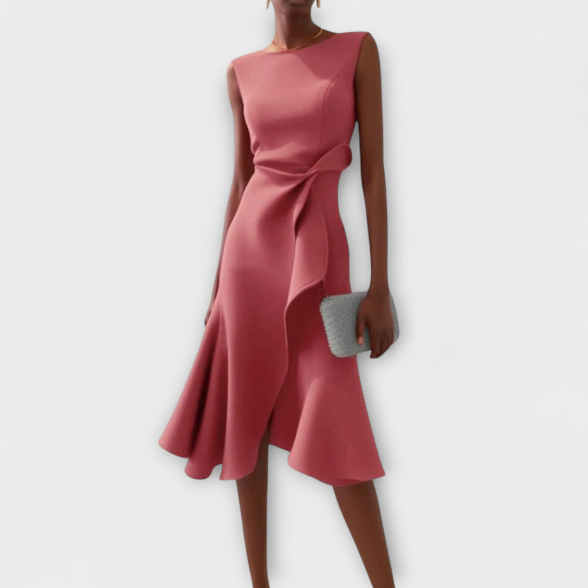 Asymmetric Midi Dress with Draped Detail and Sleeveless Cut, Lightweight Drapey Fabric