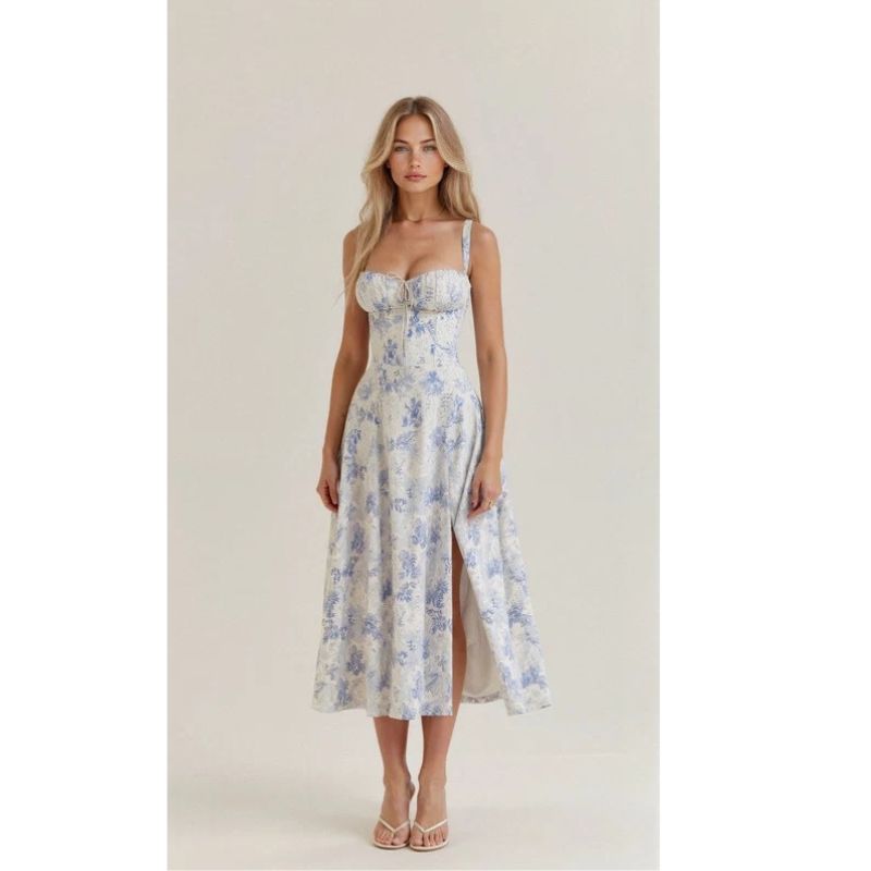 Corset Midi Dress with Structured Bodice and Flowing Flared Skirt, Stretch Lined