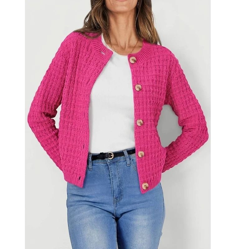 Womens Button Front Cardigan with Long Sleeves and Crewneck, Knit Cotton
