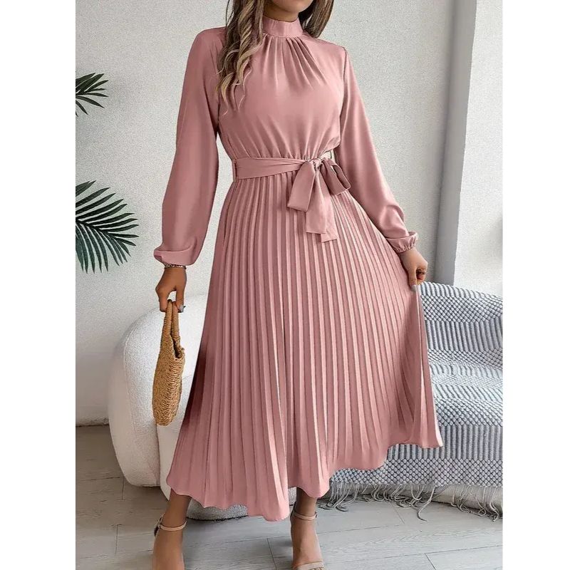 Long Sleeve Pleated Dress with Removable Belt and Hidden Zipper, Lightweight Polyester