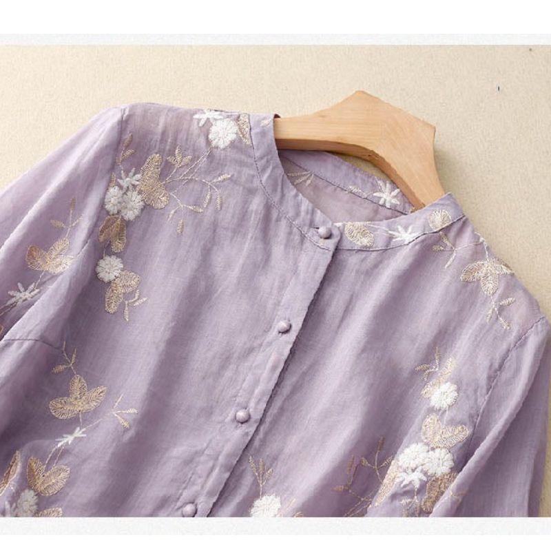 Womens Long Sleeve Blouse with Delicate Floral Embroidery and Relaxed Fit