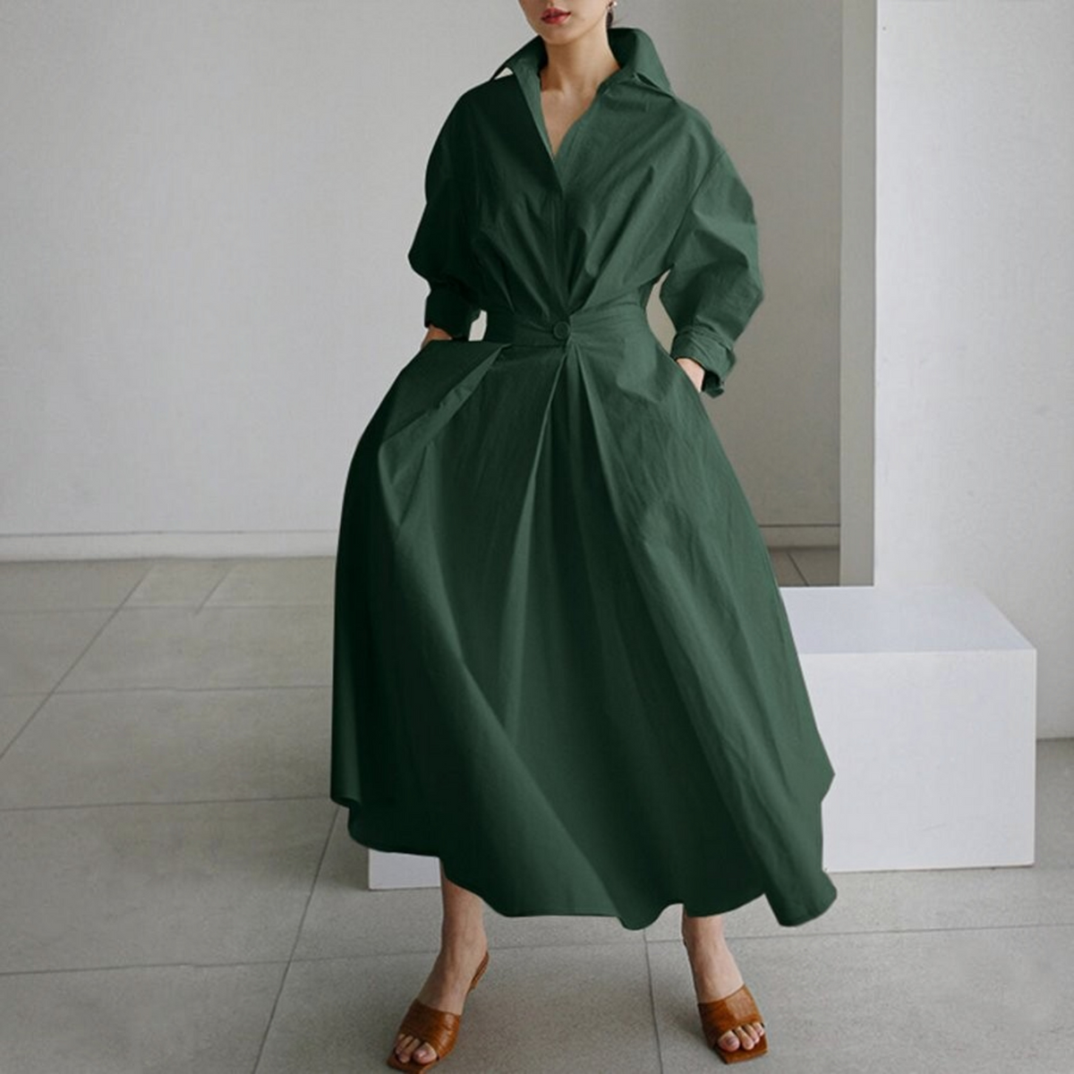 Womens Shirt Dress with Button Front and Adjustable Belt, Tailored Waist