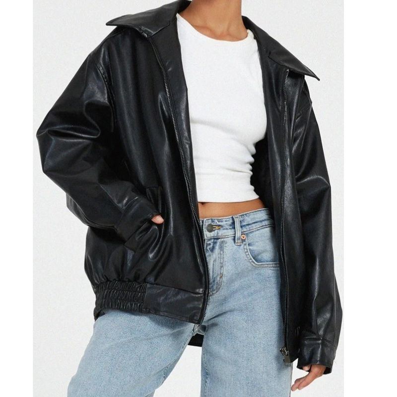 Oversized Leather Bomber Jacket with Boxy Dropped Shoulders and Elastic Hem for Women