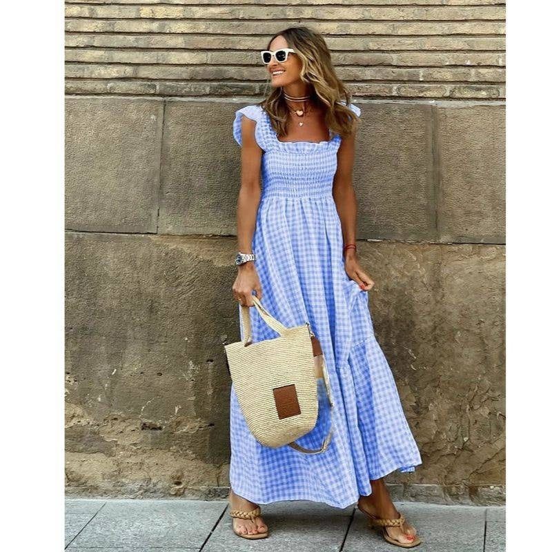 Plaid Maxi Dress with Smocked Waist and Ruffled Sleeves