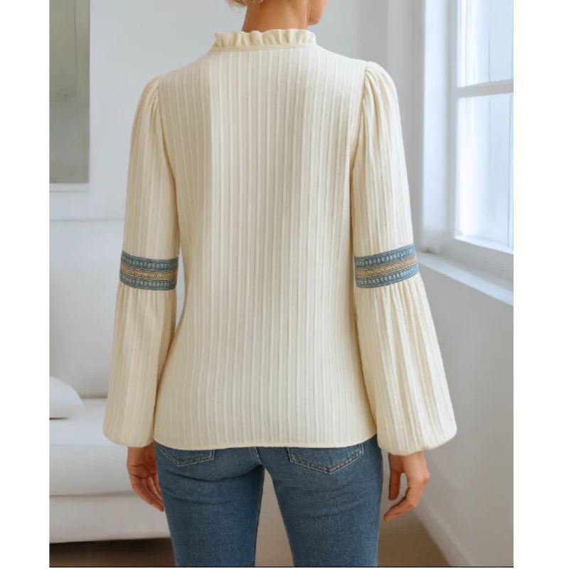 Womens Cotton Blend V-Neck Blouse with Pleated Shoulders and Relaxed Fit