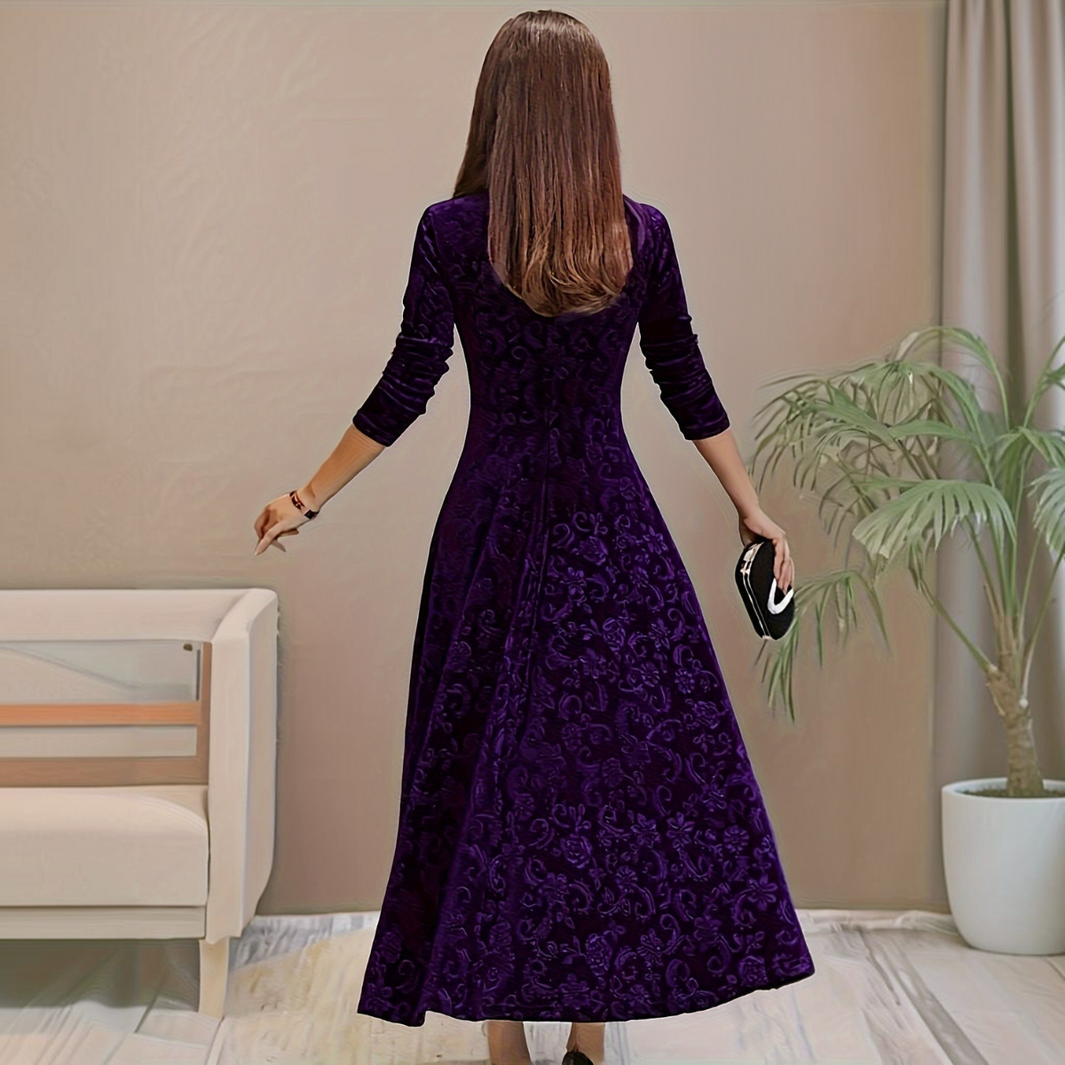 Velvet Midi Dress with Floral Embroidery and Three-Quarter Sleeves, Back Zipper