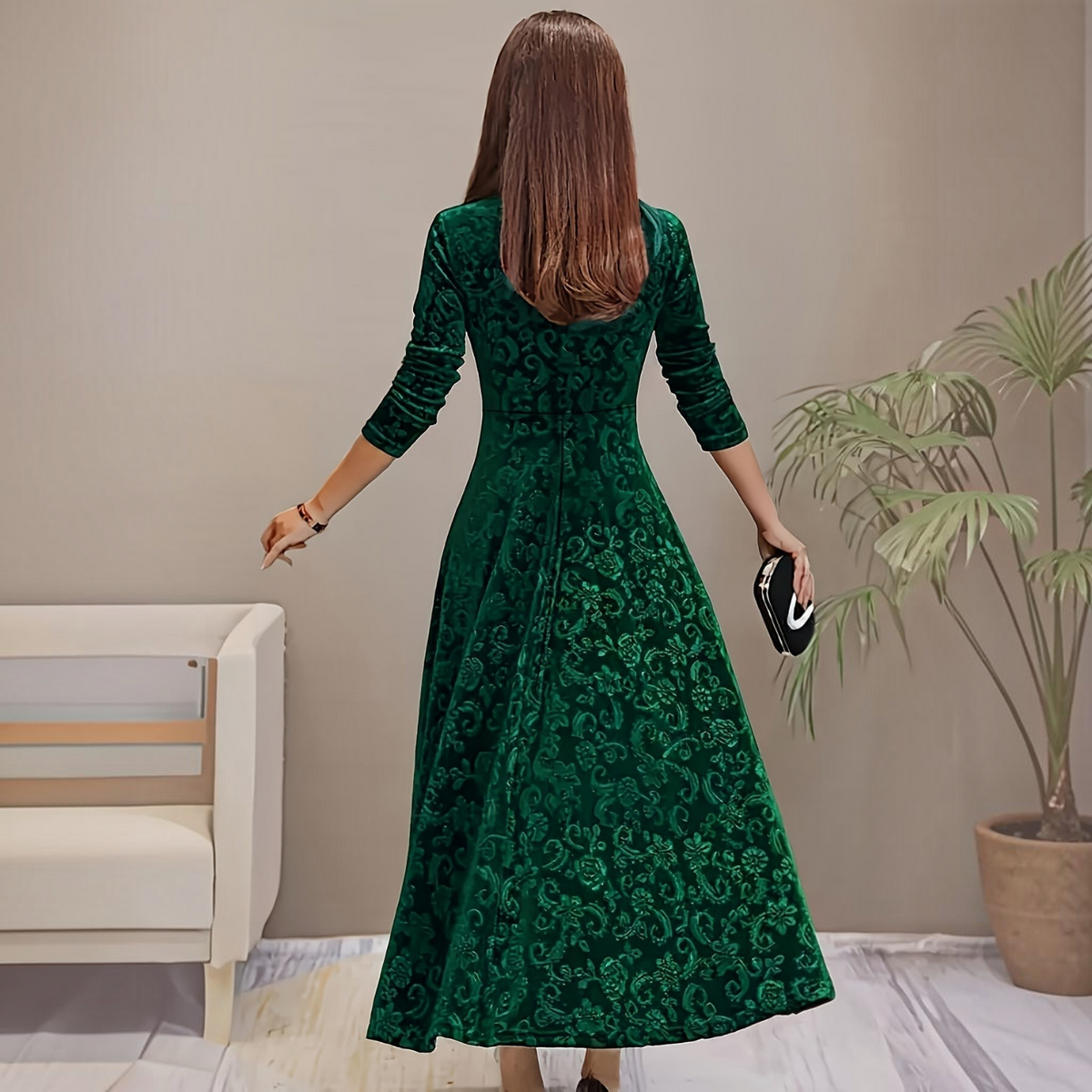 Velvet Midi Dress with Floral Embroidery and Three-Quarter Sleeves, Back Zipper
