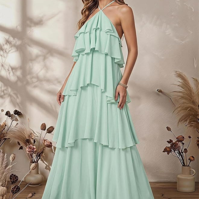 Sleeveless Swing Maxi Dress with Halter Neckline and Tiered Ruffles, Backless