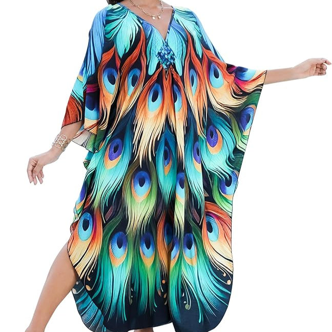 Womens Tropical Print Kaftan with Side Slits and Flowing Hem for Beach Wear