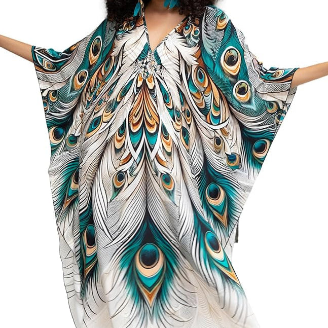 Womens Tropical Print Kaftan with Side Slits and Flowing Hem for Beach Wear