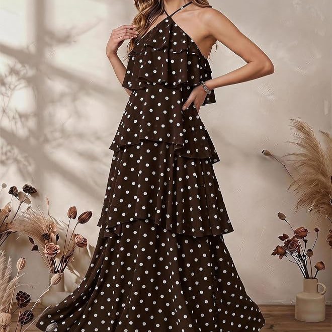 Sleeveless Swing Maxi Dress with Halter Neckline and Tiered Ruffles, Backless
