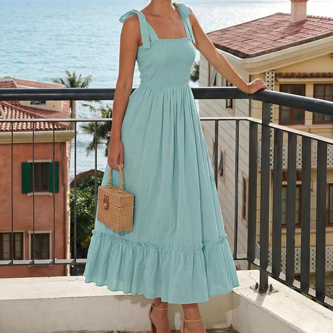 Womens Tie Strap Maxi Dress with Shirred Bodice and Tiered Skirt