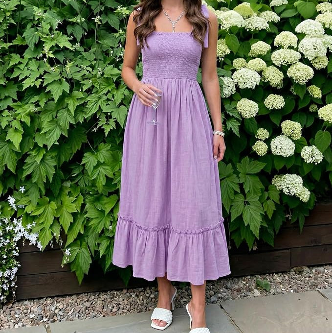 Womens Tie Strap Maxi Dress with Shirred Bodice and Tiered Skirt