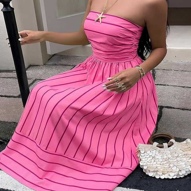 Strapless Fit and Flare Maxi with Elastic Smocked Waist and Side Pockets - Vertical Striped