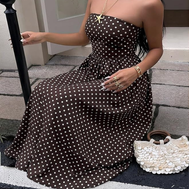 Strapless Fit and Flare Maxi with Elastic Smocked Waist and Side Pockets - Vertical Striped