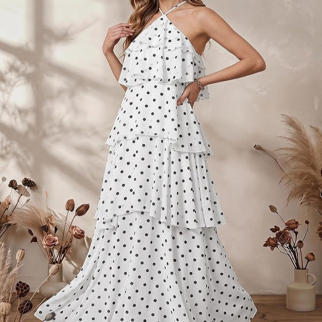 Sleeveless Swing Maxi Dress with Halter Neckline and Tiered Ruffles, Backless