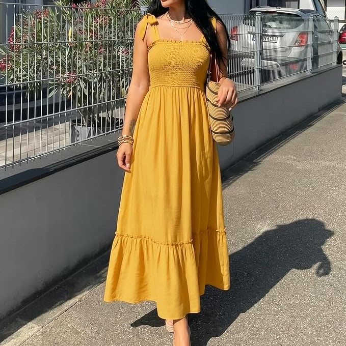Womens Tie Strap Maxi Dress with Shirred Bodice and Tiered Skirt