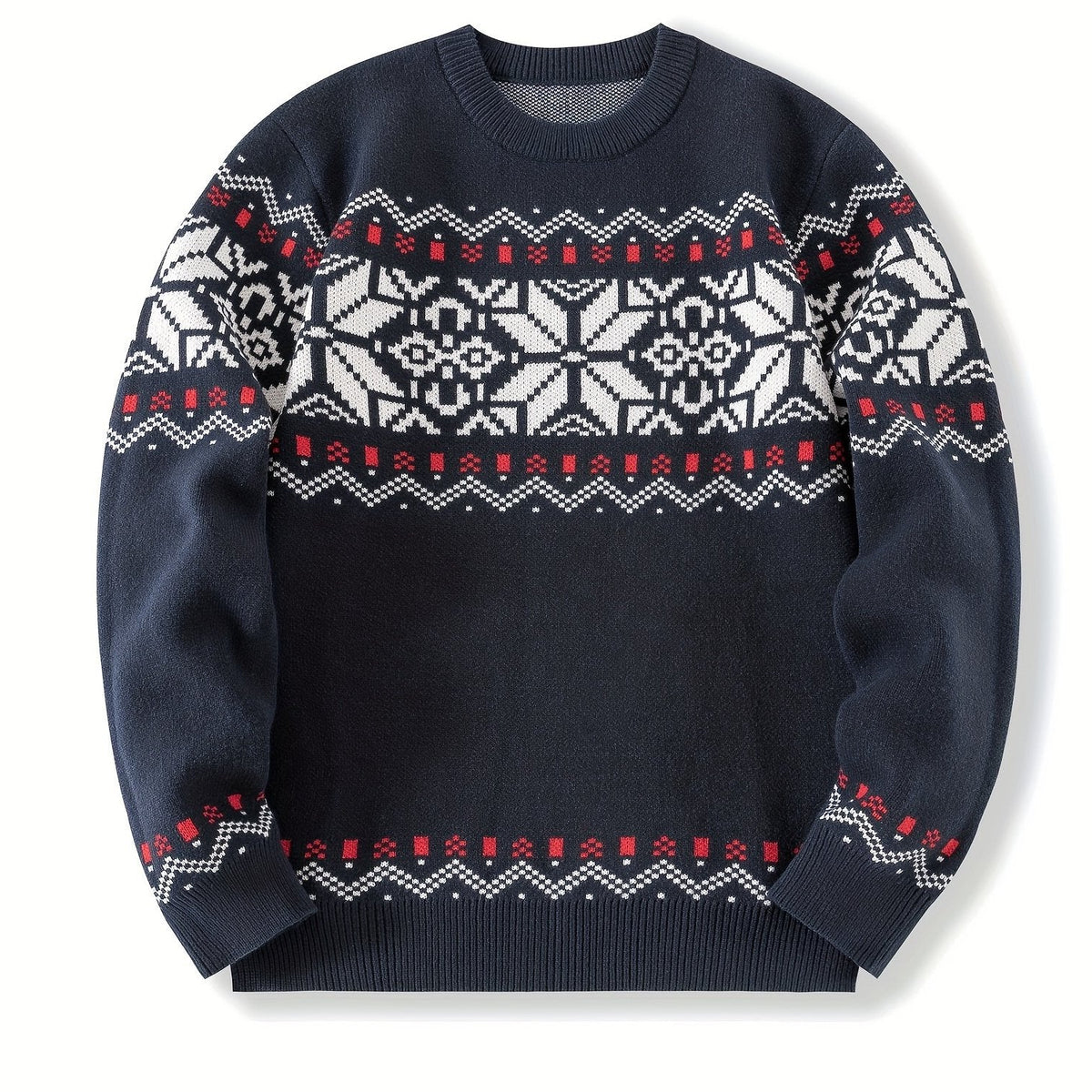 Round Neck Sweater with Snowflake Pattern and Ribbed Cuffs