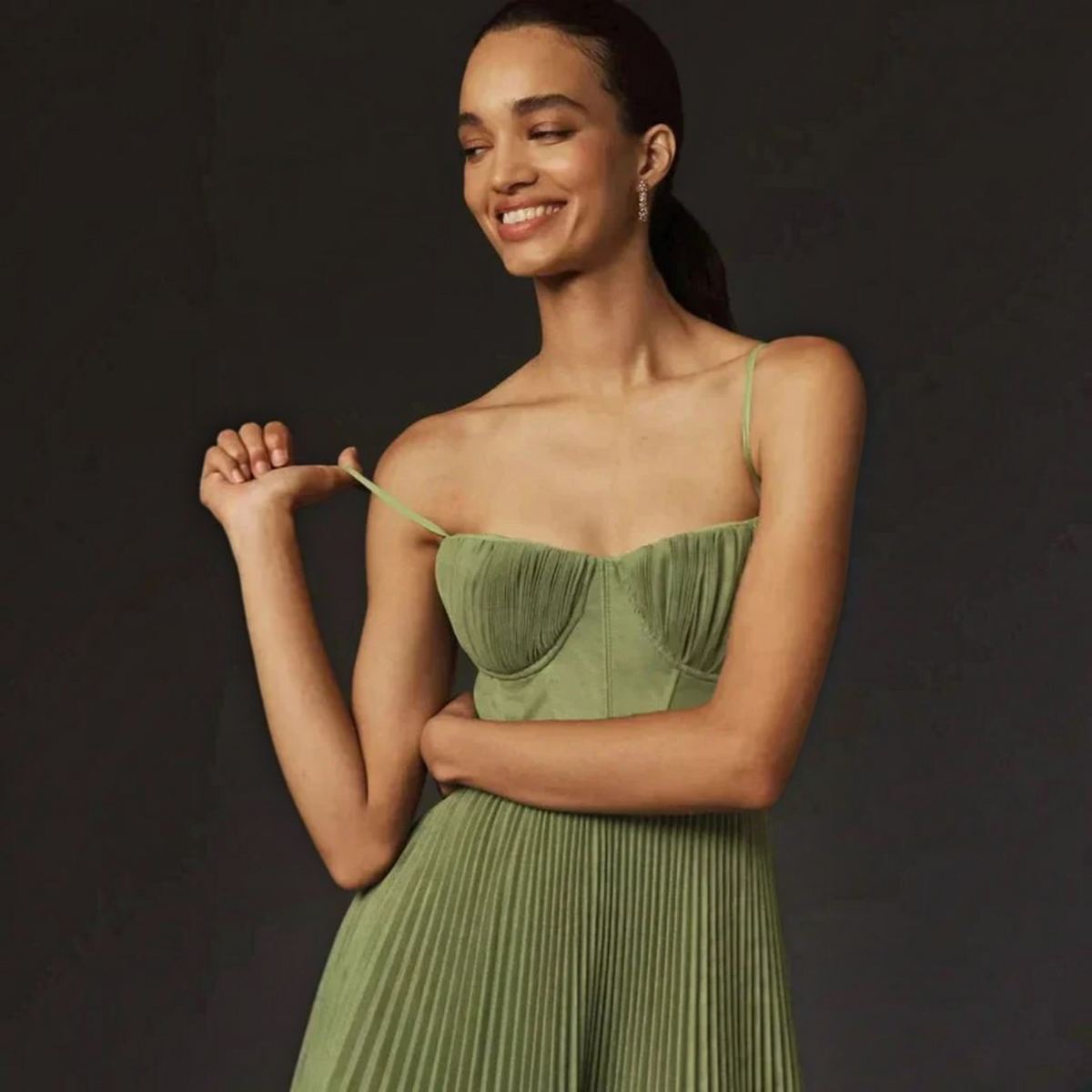 Pleated Tulle Midi Dress with Fit-and-Flare Shape and Lined Bodice, Invisible Zipper