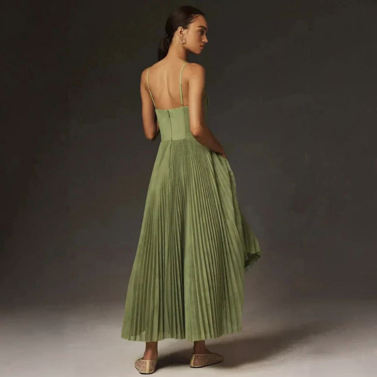 Pleated Tulle Midi Dress with Fit-and-Flare Shape and Lined Bodice, Invisible Zipper