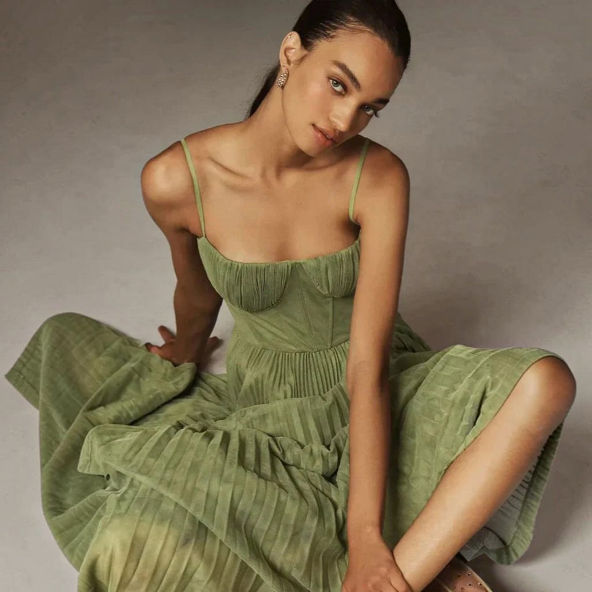 Pleated Tulle Midi Dress with Fit-and-Flare Shape and Lined Bodice, Invisible Zipper