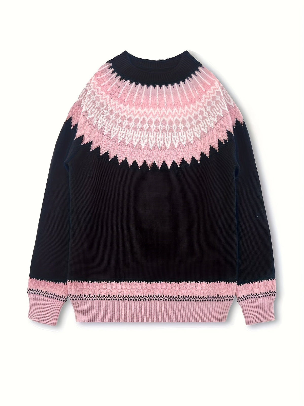 Chunky Jacquard Knit Sweater with Round Neck and Relaxed Fit
